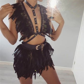 Goth Real Feather 2 Piece Outfits Women Sexy Cardigan Crop Top Fluffy Mini Skirts Two Piece Set 